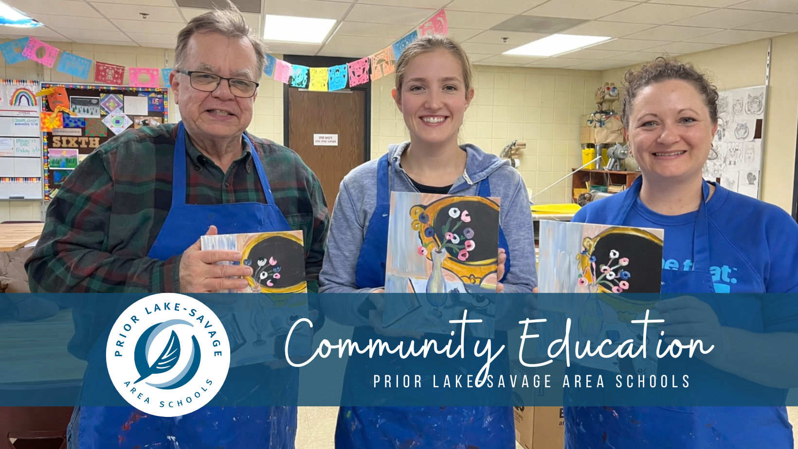 Prior Lake Savage Area Schools Community Education Logo with A Group of People in a Gym smiling with pickleball paddles